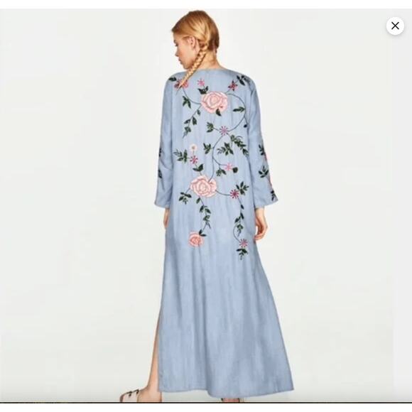 Zara Trafaluc Denimwear Floral Embroidered Kimono Light Denim Button Tie Small - Picture 4 of 16